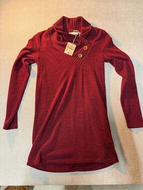 Style Rack Maroon Long Sleeve Cowl Neck Button Detail Tunic Sweater